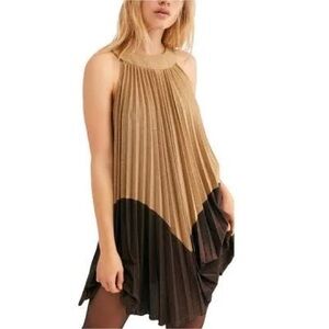 Free People Pleated Love Metallic Mini Dress Gold Brown Large NWT